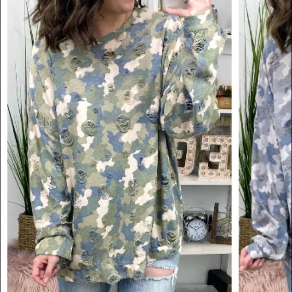 Distressed camo sweater